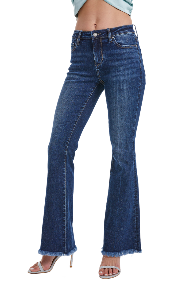 Mid Rise Flare Jeans with Distressed Frayed Hem