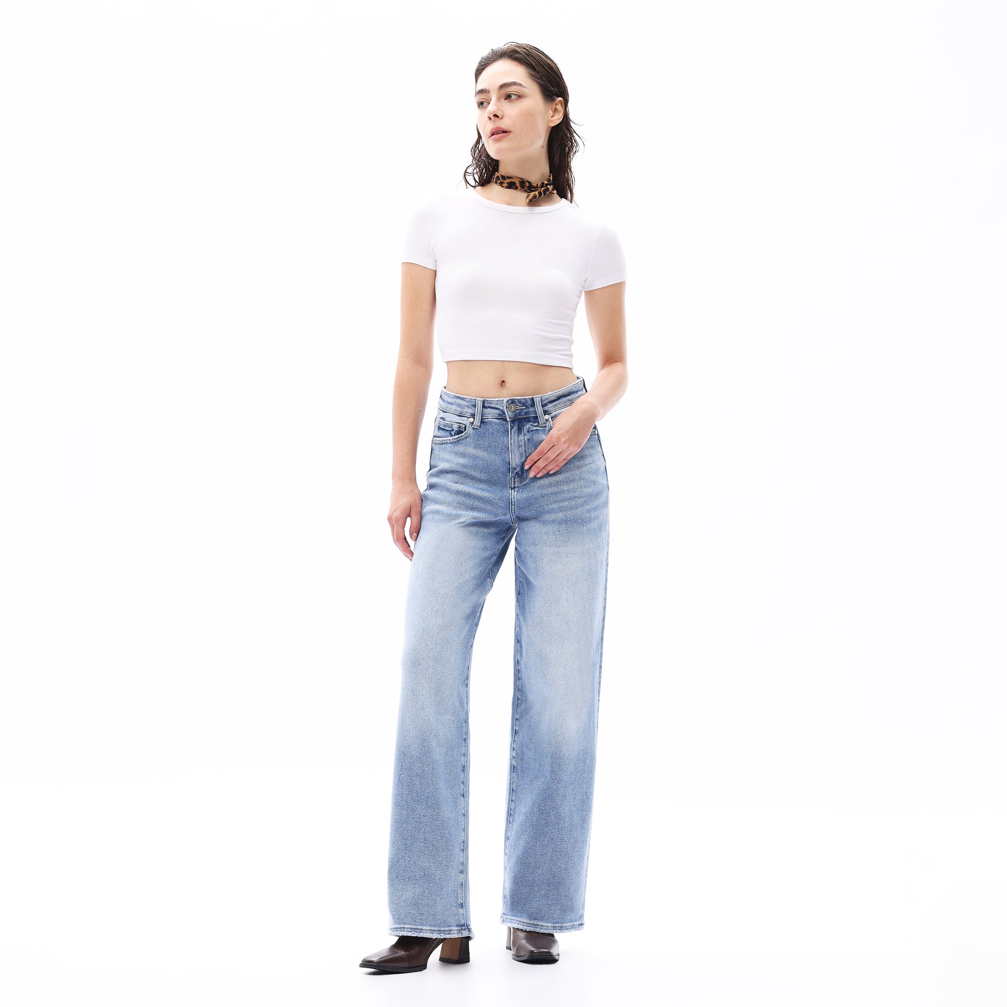 ONESO Women BBL Hight Rise Raw Hem Baggy Jeans High Stretchy Wide Leg Tummy Denim Pants