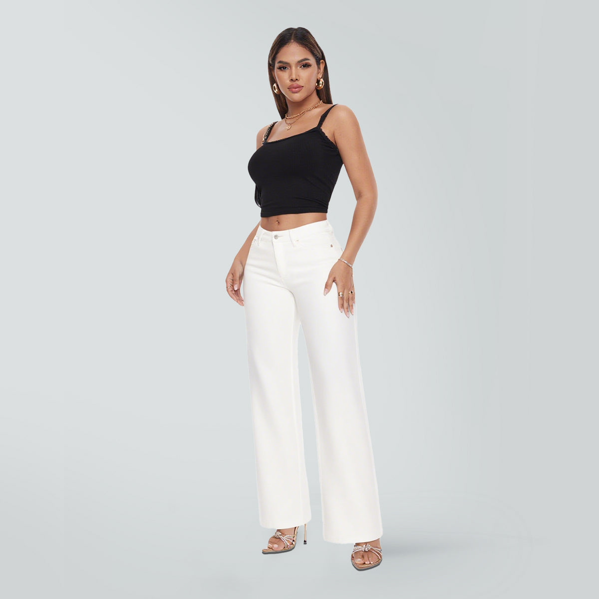 ONESO Wide Leg BBL Jeans for Women Stretchy Mid Low Rise Butts Lifting Baggy Jeans Trendy Loose Fit Cute Mom Jeans Casual White