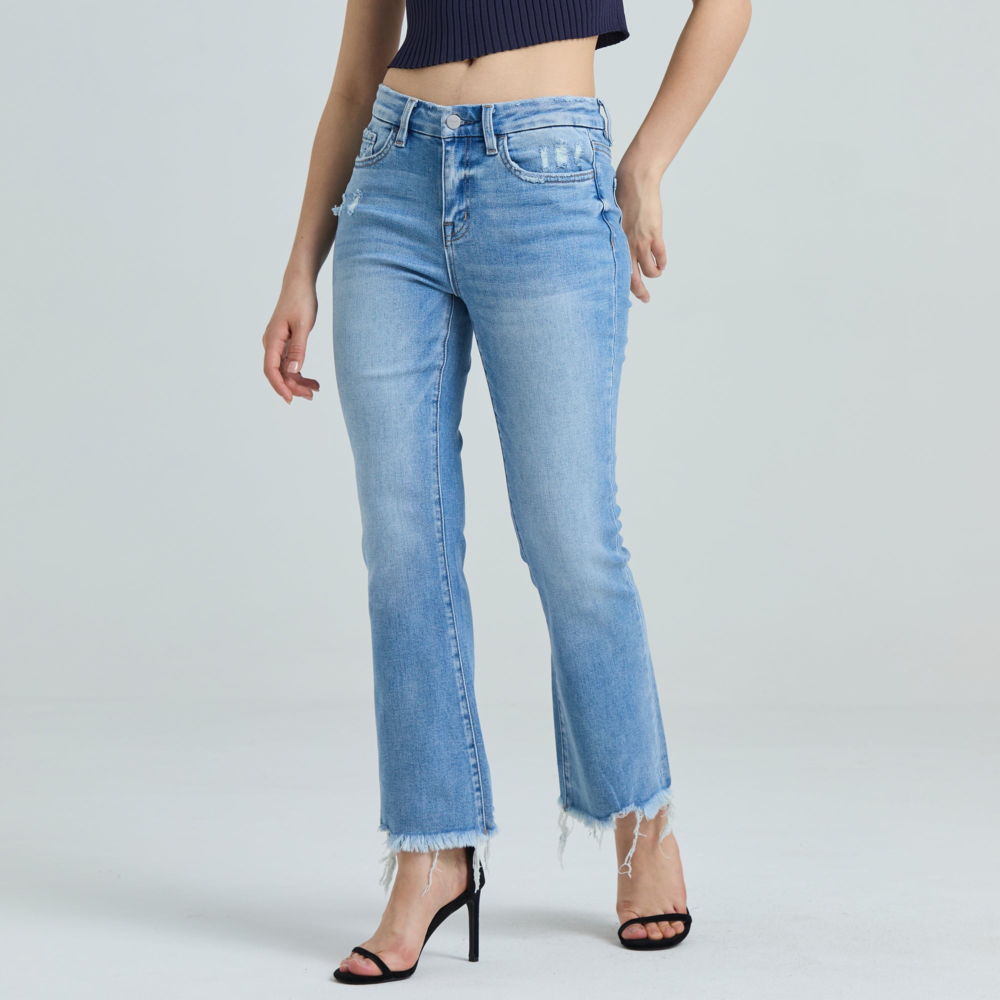 ONESO Low Waist Crop Flare Jeans Raw Edge Jeans
