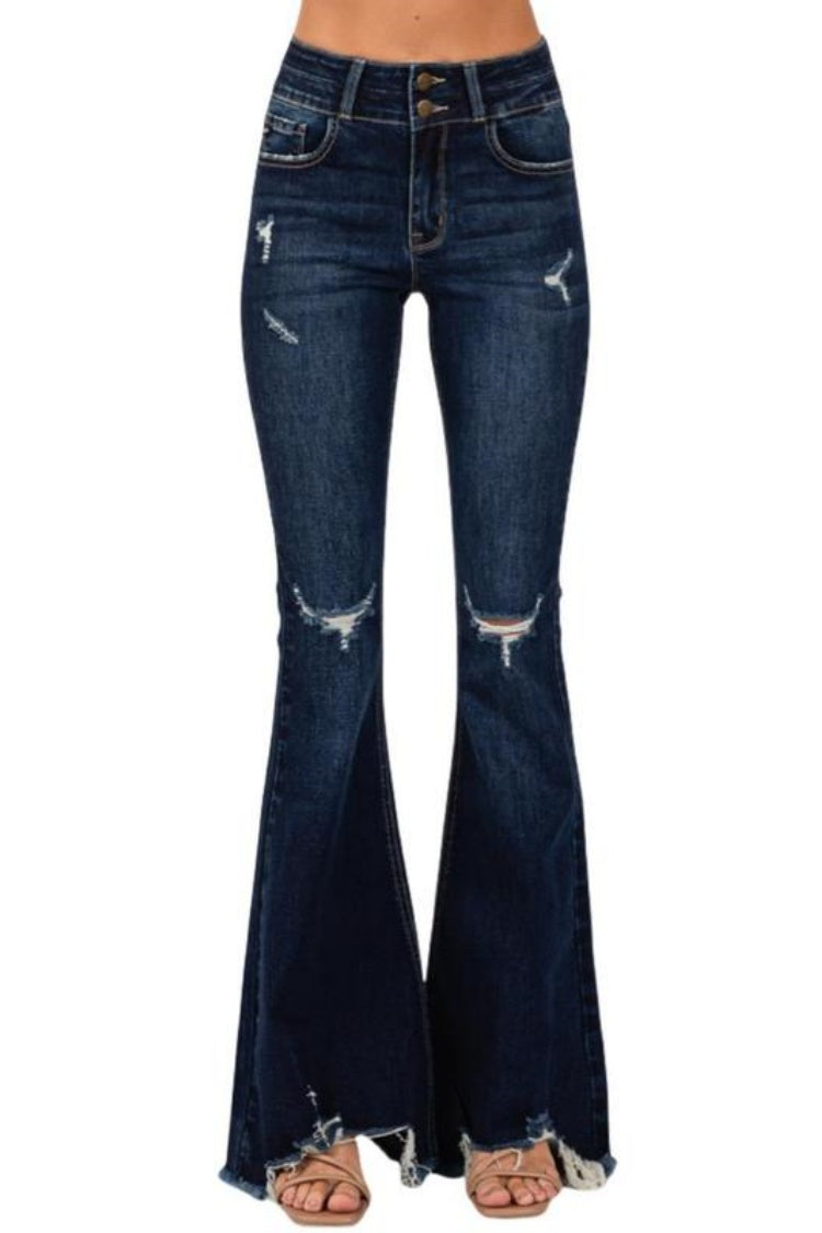 Mid Rise Distressed Flared Jeans