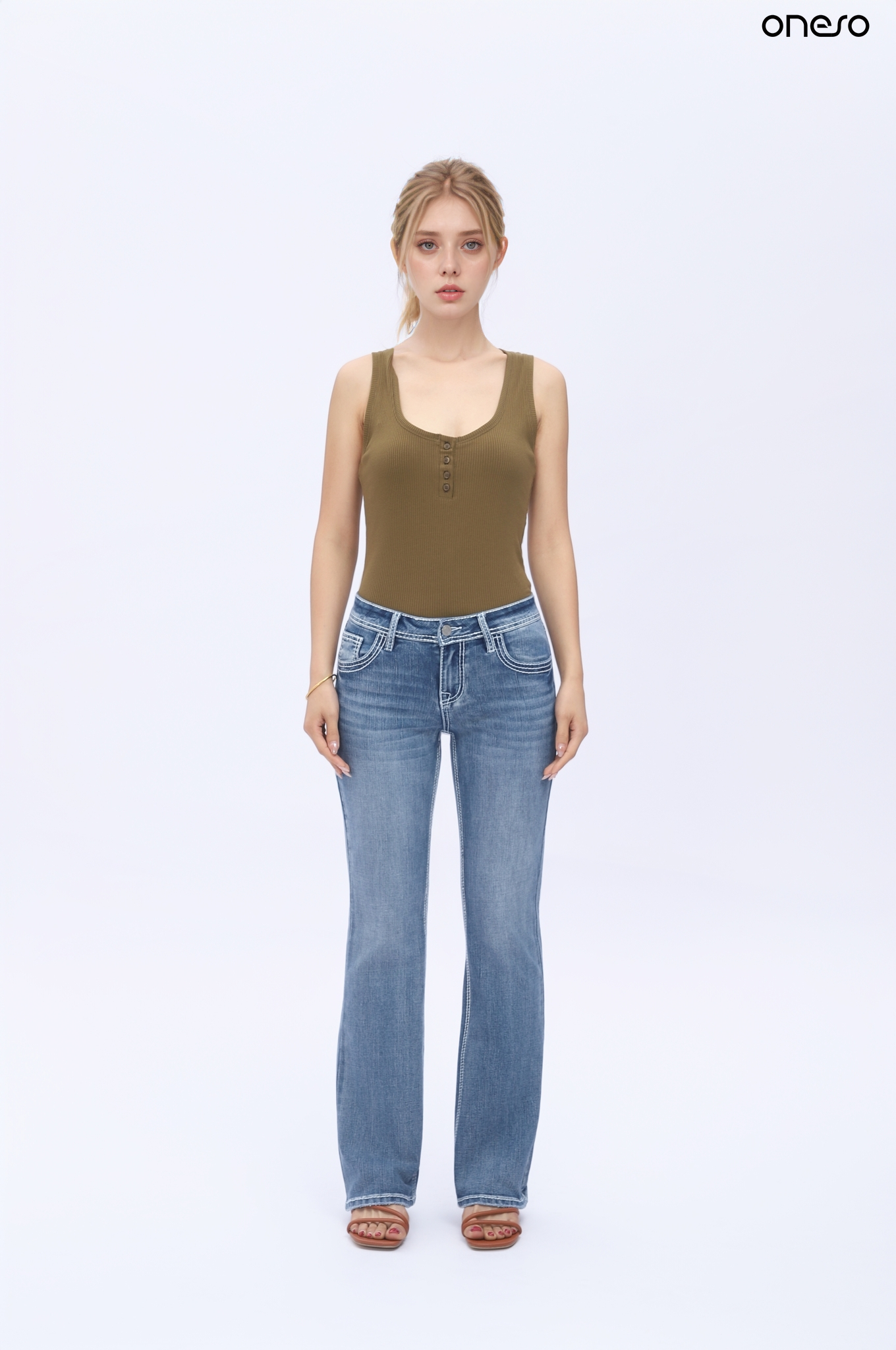 ONESO Women's Jeans Mid Rise Bootcut Mid Stretch Boot Cut Denim Pants Trendy Welt Straight Leg Denim Pants