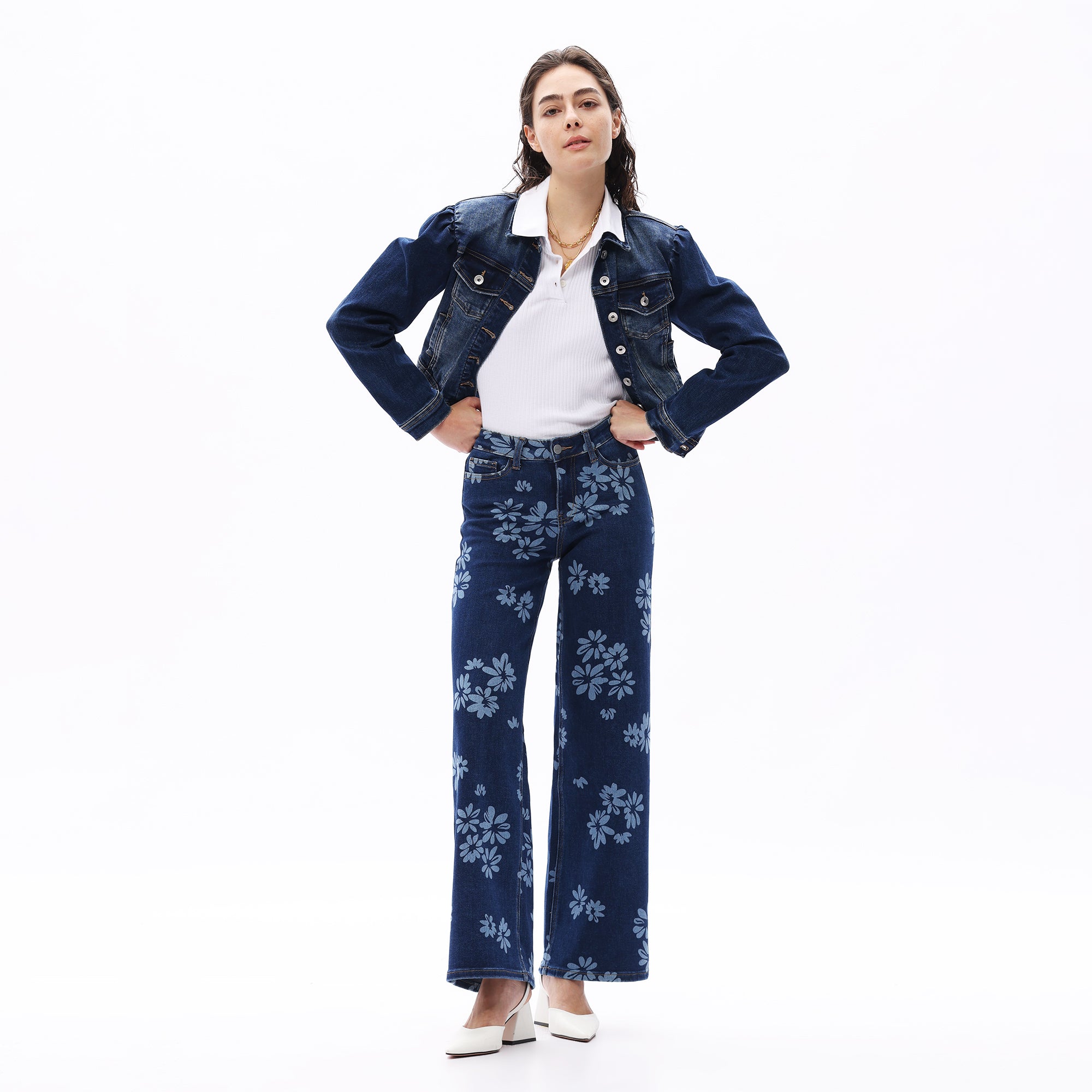 ONESO Women BBL Jeans Mid-Low Rise Wide Leg Stretch Baggy Printing Denim with Tummy Control Minimalist Basic Trouser