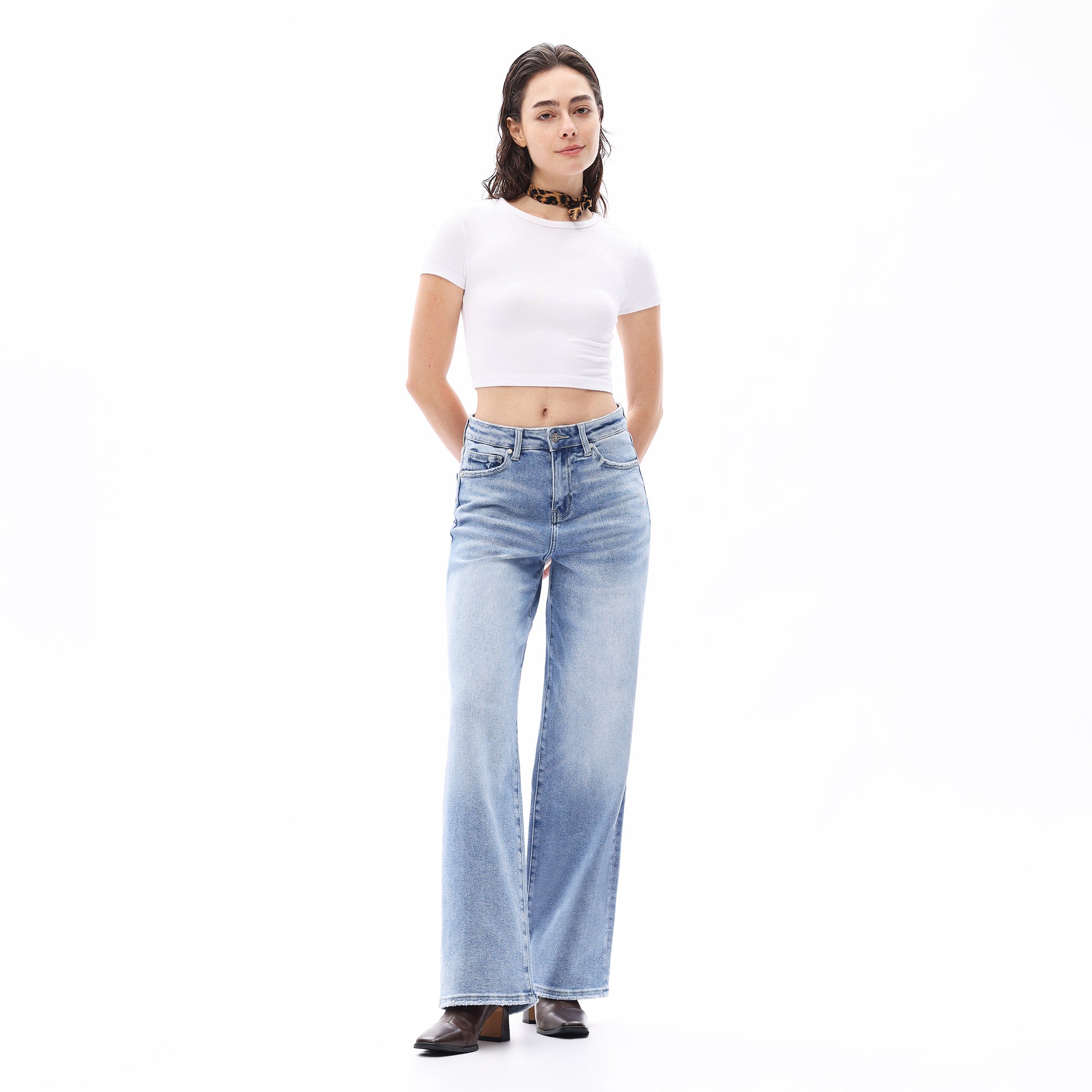 ONESO Women BBL Hight Rise Raw Hem Baggy Jeans High Stretchy Wide Leg Tummy Denim Pants