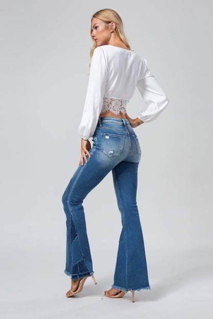 Flare Jeans for Women Mid Rise Ripped Raw Hem Bell Bottom Denim Pants