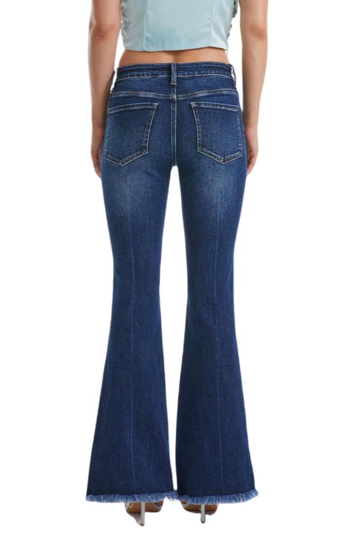 Mid Rise Flare Jeans with Distressed Frayed Hem