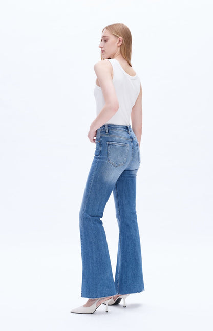 High Rise Stretch Flare Distressed Front Slit Jeans