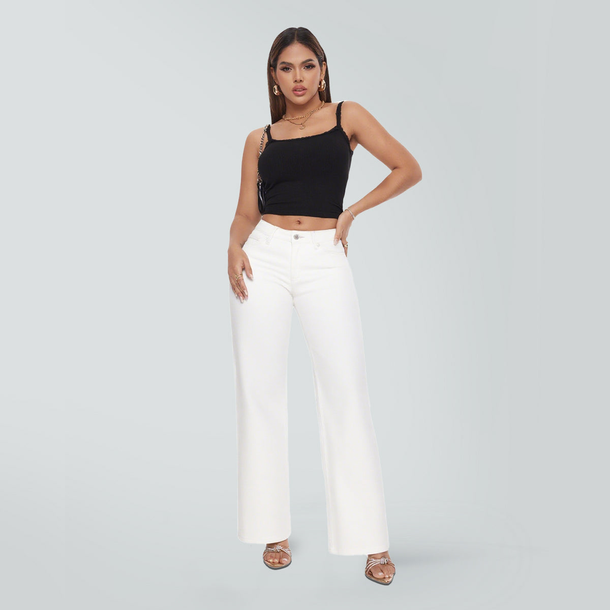 ONESO Wide Leg BBL Jeans for Women Stretchy Mid Low Rise Butts Lifting Baggy Jeans Trendy Loose Fit Cute Mom Jeans Casual White