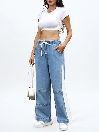 ONESO Womens Wide Leg Jeans Mid Rise Baggy Patchwork Straight Leg Jeans