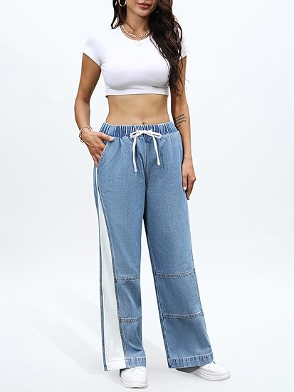ONESO Womens Wide Leg Jeans Mid Rise Baggy Patchwork Straight Leg Jeans