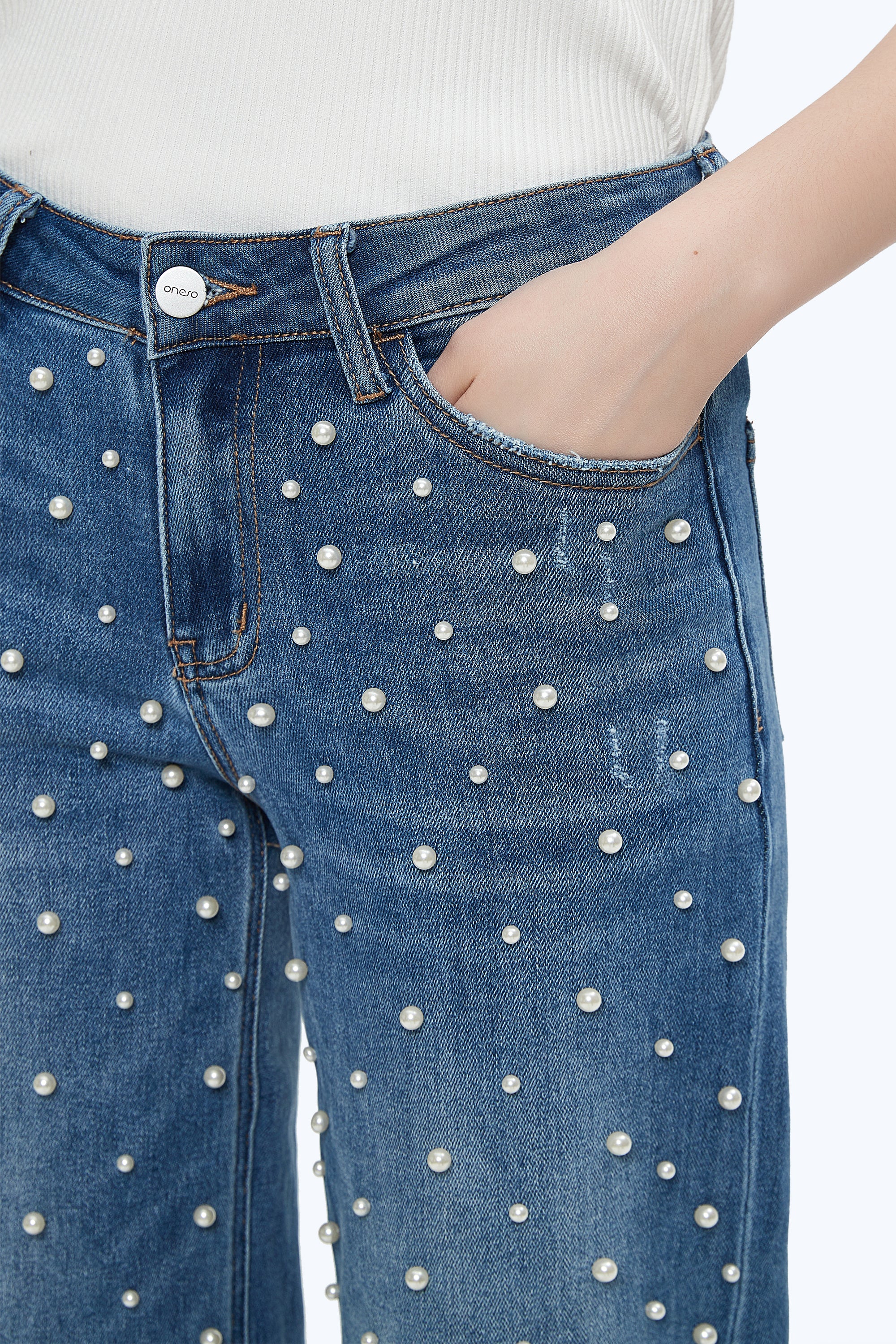 ONESO Women's Pearl Wide Leg Mid Low Waist Relaxed Fit Flattering Jeans