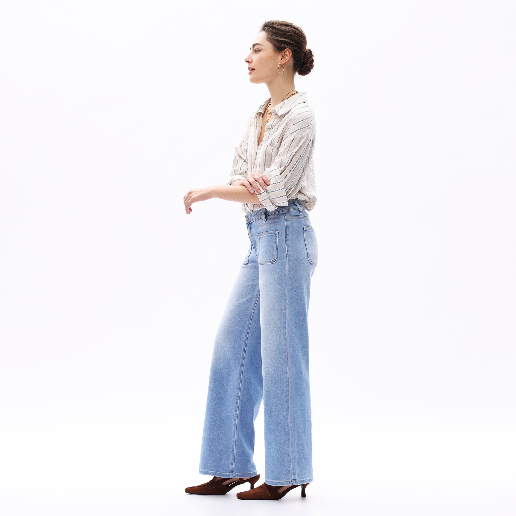 ONESO Women Mid-Waist Front Pocket Design Wide-Leg Jeans High Stretch Comfortable Denim Pants
