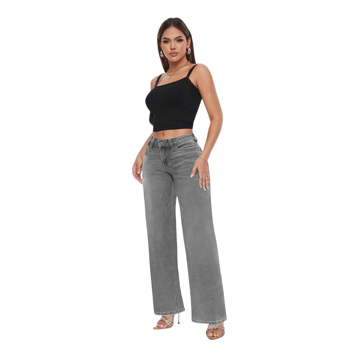 ONESO Wide Leg BBL Jeans for Women – Stretchy Mid-Low Rise Baggy Denim Pants