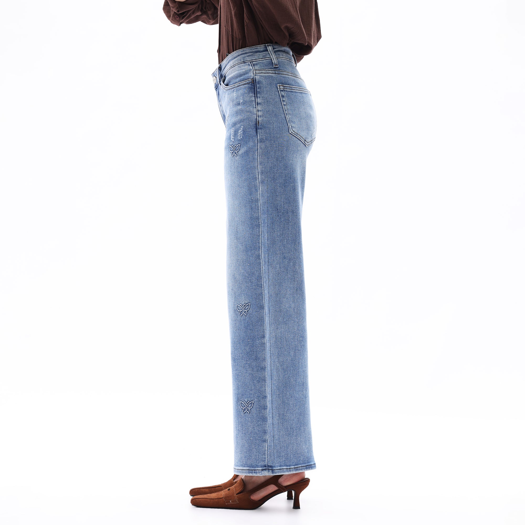 ONESO Women BBL Jeans Mid-Low Rise Wide Leg Stretch Relaxed Fit Embroidered Jeans Flat Tummy Design Simple Basic Trousers
