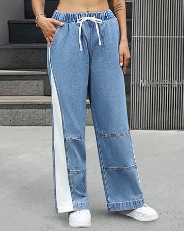 ONESO Womens Wide Leg Jeans Mid Rise Baggy Patchwork Straight Leg Jeans