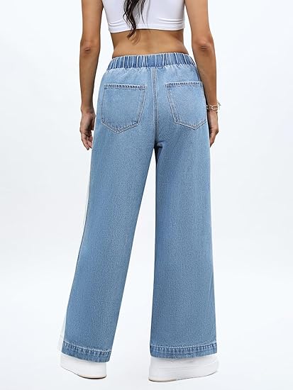 ONESO Womens Wide Leg Jeans Mid Rise Baggy Patchwork Straight Leg Jeans