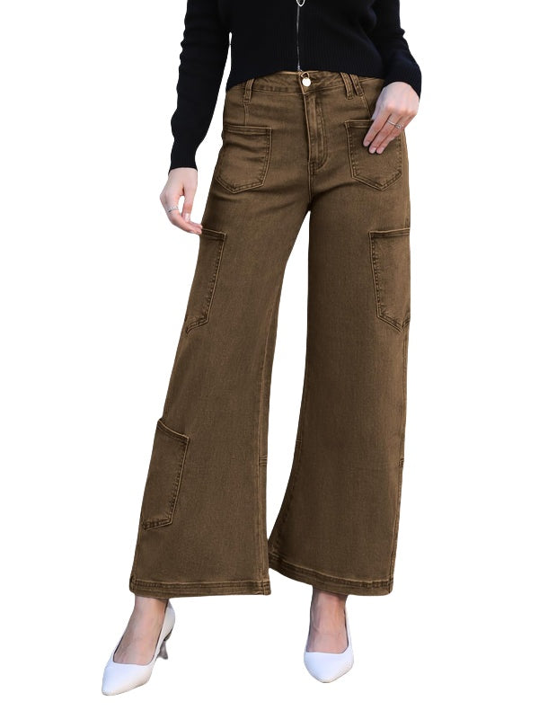 ONESO Women&#39;s Wide Leg Jeans Trendy Mid Waisted Baggy Flare Jeans Stretchy Boyfriend Denim Pants with Patch Pockets