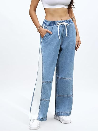 ONESO Womens Wide Leg Jeans Mid Rise Baggy Patchwork Straight Leg Jeans