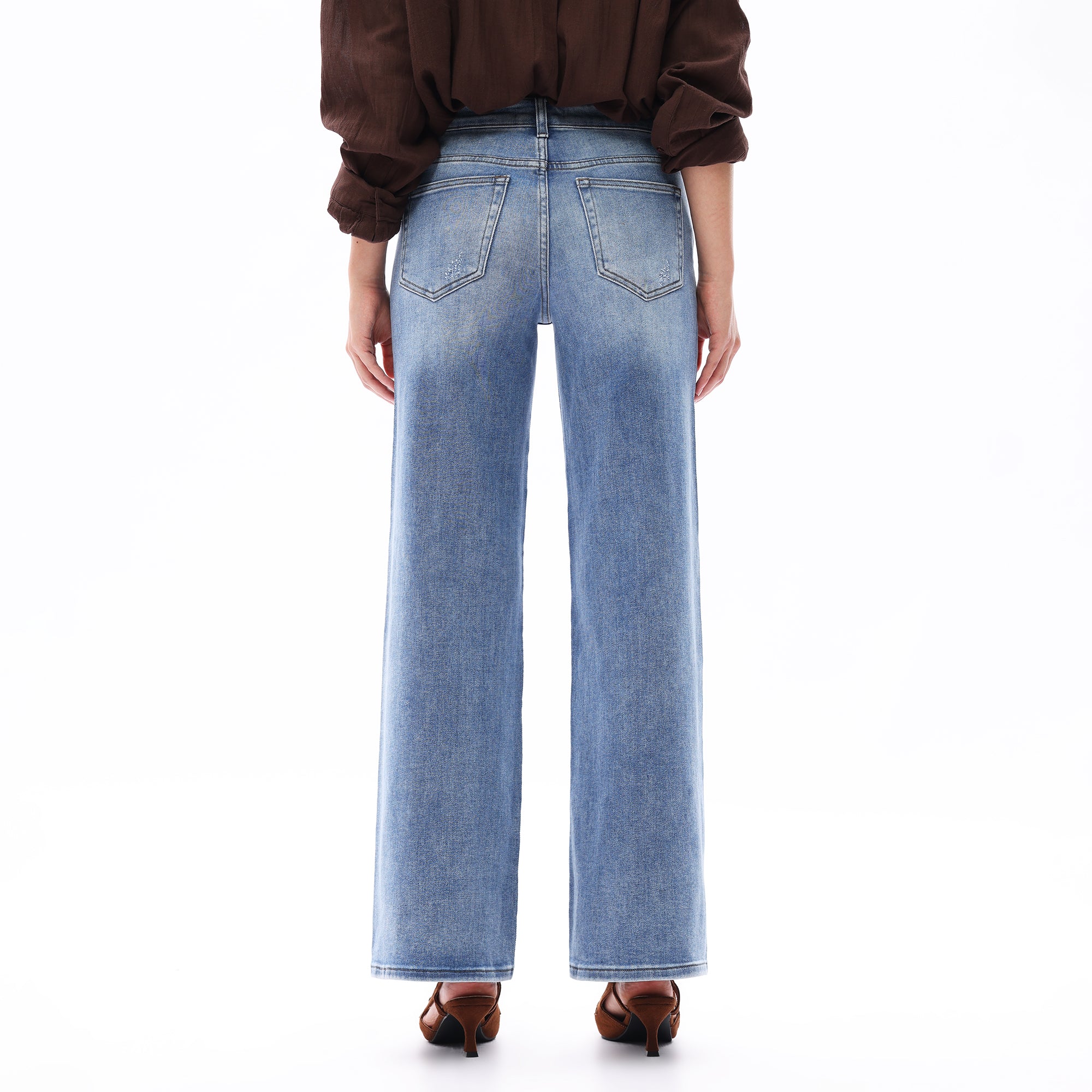 ONESO Women BBL Jeans Mid-Low Rise Wide Leg Stretch Relaxed Fit Embroidered Jeans Flat Tummy Design Simple Basic Trousers