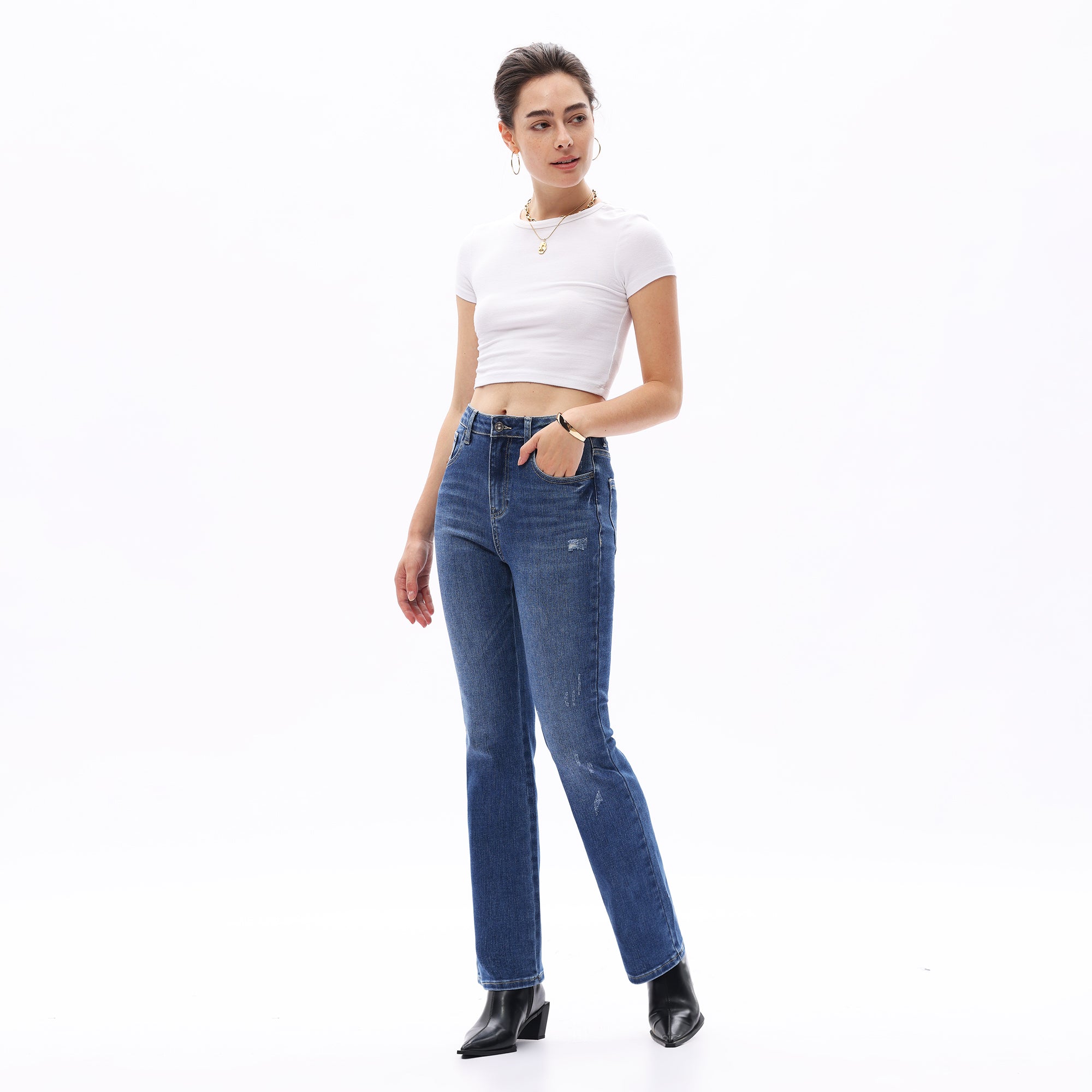 ONESO Classic Straight Leg High Rise Jeans Casual Distressed Denim Vintage Wash Women Jeans