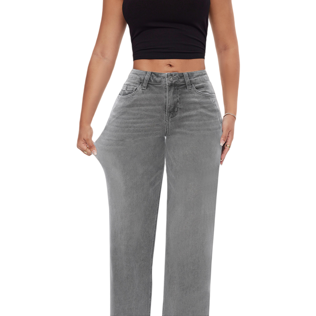 ONESO Wide Leg BBL Jeans for Women – Stretchy Mid-Low Rise Baggy Denim Pants