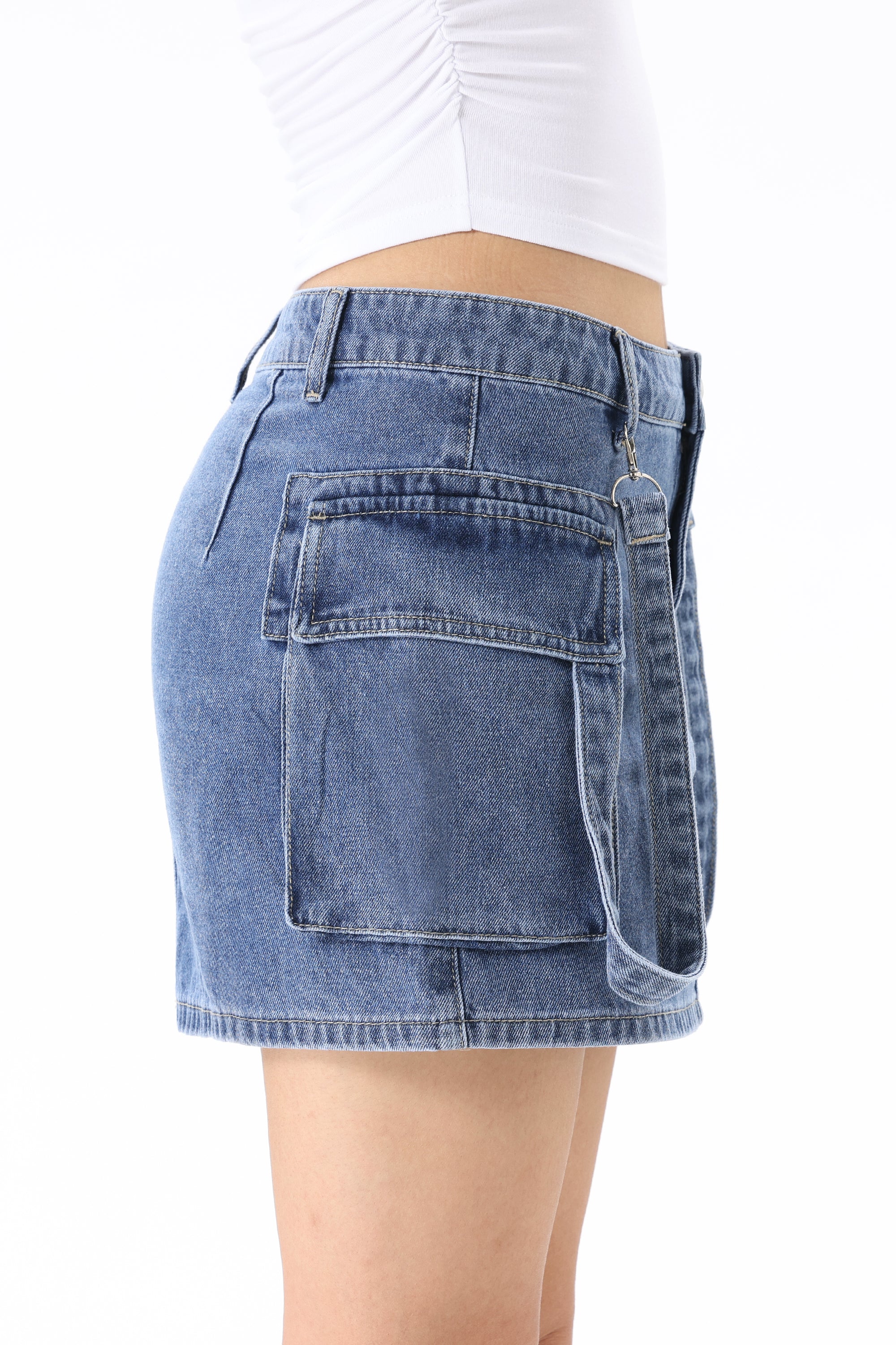 ONESO Mid Waist Denim Mini Skirt for Women with Utility Pockets and Strap Detail Y2K Streetwear Style Summer Outfit