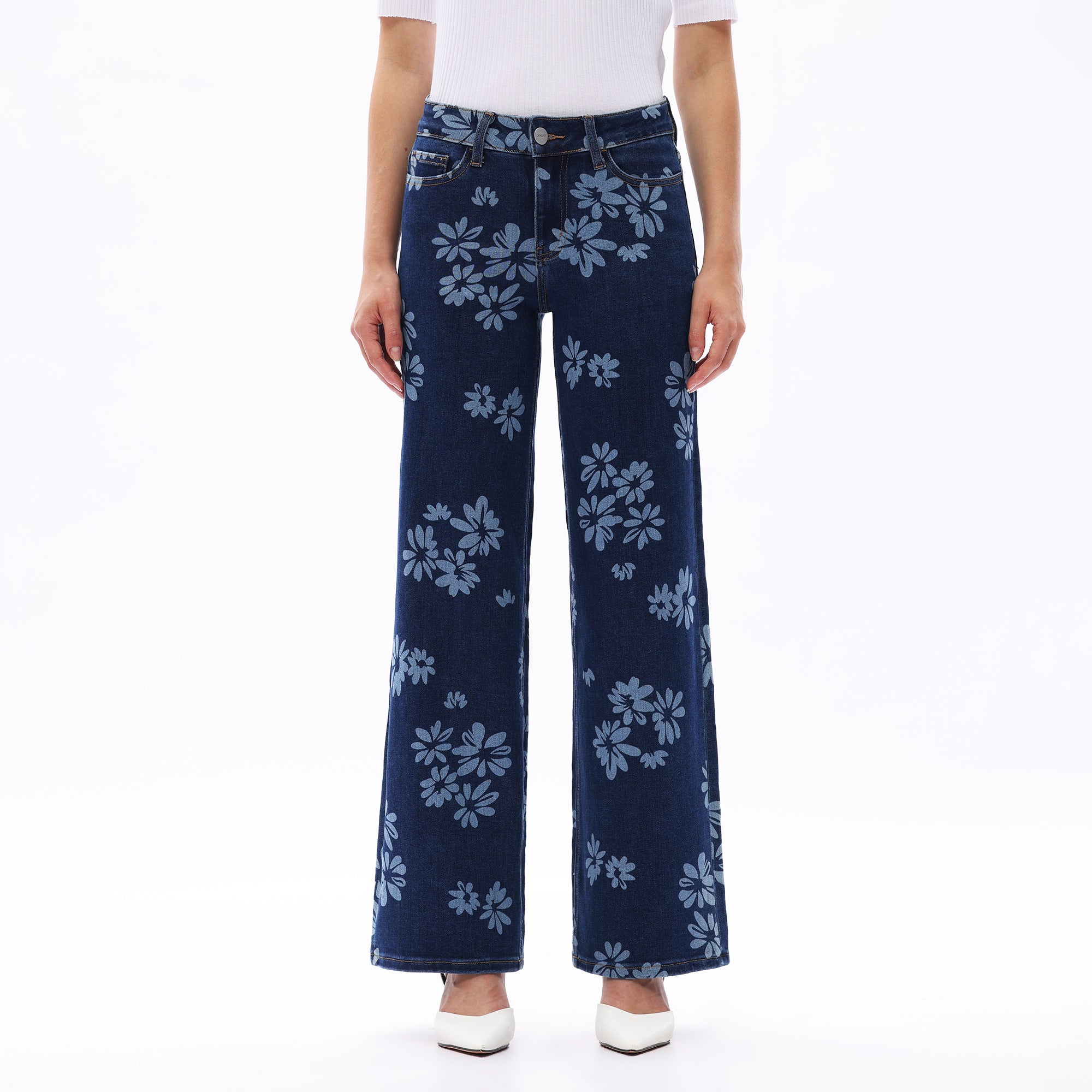 ONESO Women BBL Jeans Mid-Low Rise Wide Leg Stretch Baggy Printing Denim with Tummy Control Minimalist Basic Trouser