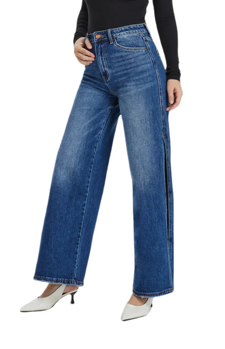 High Rise Stretch Wide Leg Side Slit Grinding Jeans