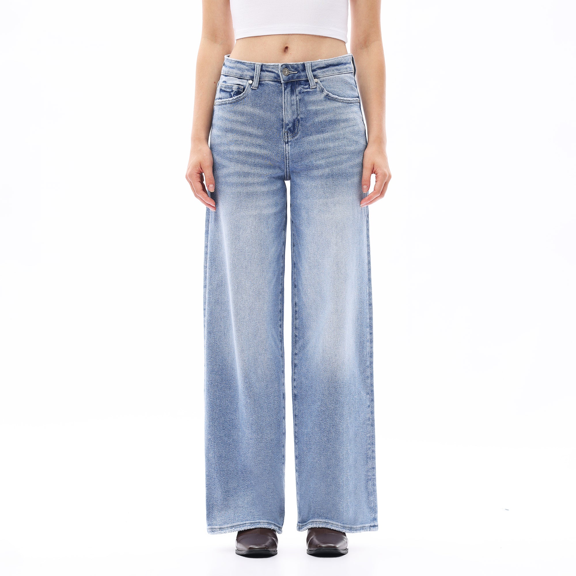 ONESO Women BBL Hight Rise Raw Hem Baggy Jeans High Stretchy Wide Leg Tummy Denim Pants