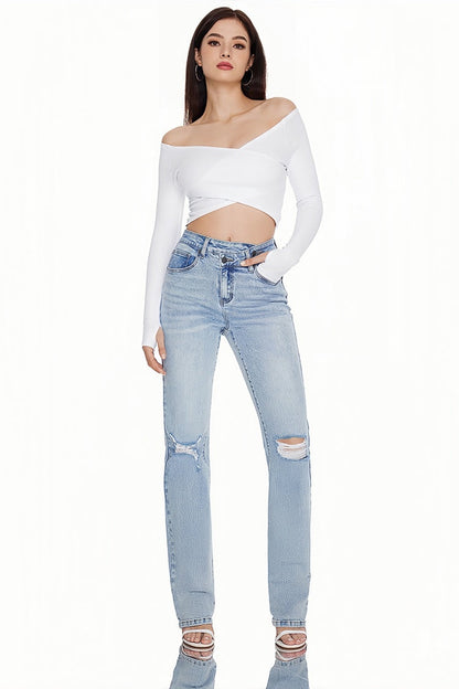 Women Bootcut Ripped Wide Leg Jeans