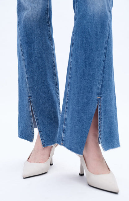 High Rise Stretch Flare Distressed Front Slit Jeans