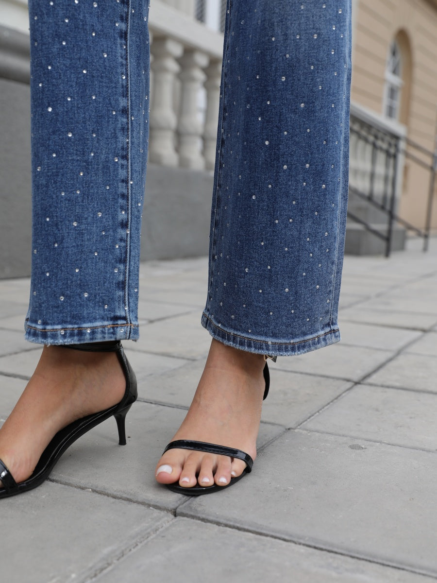 Women&#39;s Wide Leg Jeans High Waisted Straight Leg Jeans Trendy Stretchy Casual Denim Pants with Sequins 90s