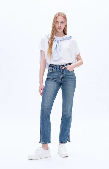 High Rise Stretch Straight Leg Distressed Jeans