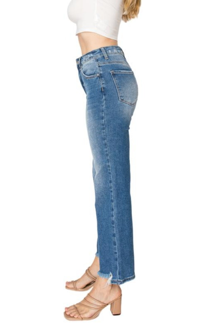 Raw Edge High Waist Straight Leg Jeans