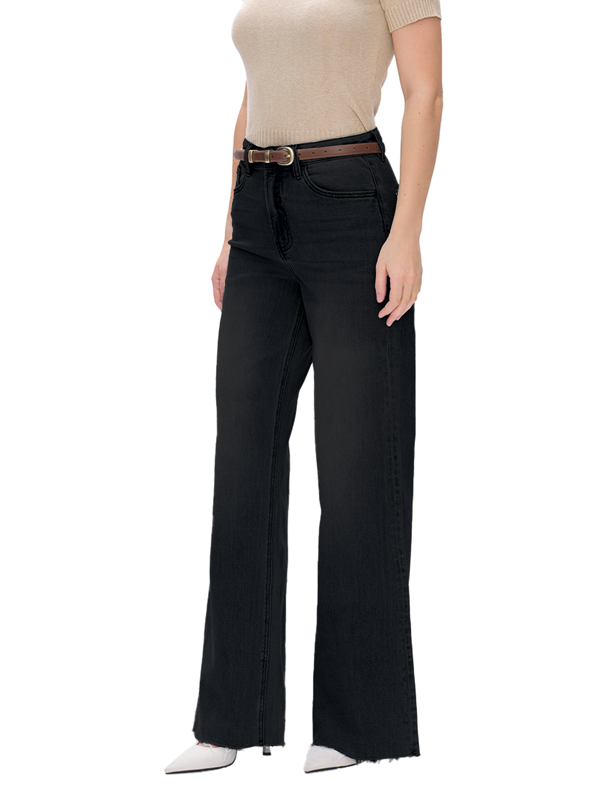 Women's High Waist Flare Leg BBL Jeans Tummy Control Fit Button Fly Pocket Design Soft Denim Bell Bottom Trousers