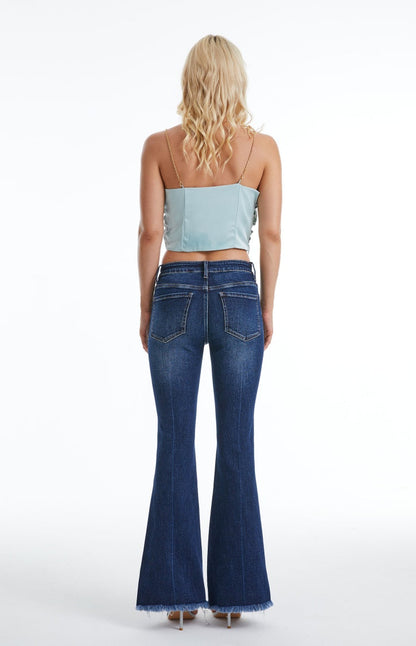 Mid Rise Flare Jeans with Distressed Frayed Hem