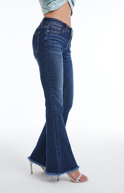 Mid Rise Flare Jeans with Distressed Frayed Hem