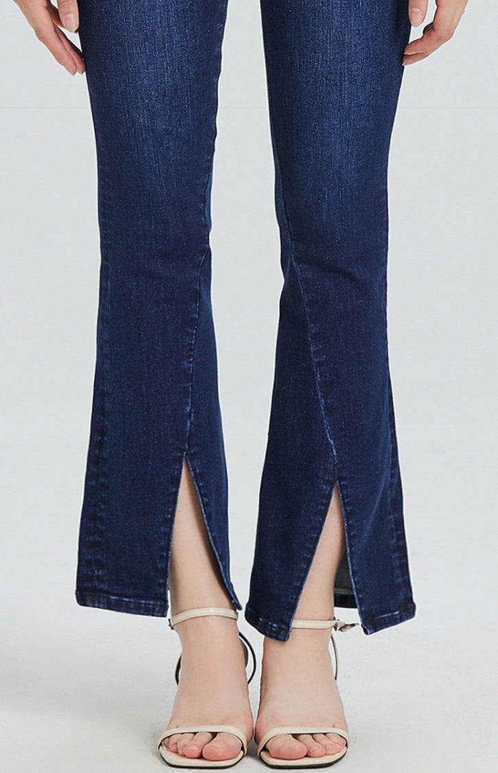 High Rise Stretch Wide Leg Front Slit Flare Jeans