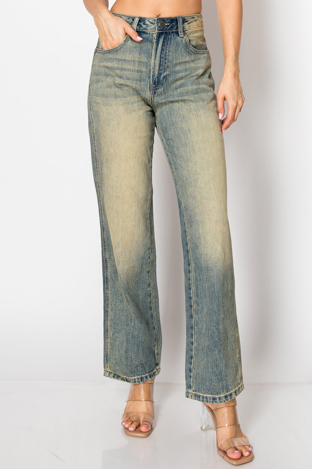 Women&#39;s High Waist Retro Washed Straight Leg Jeans