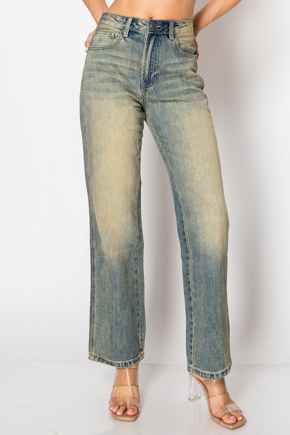 Women&#39;s High Waist Retro Washed Straight Leg Jeans