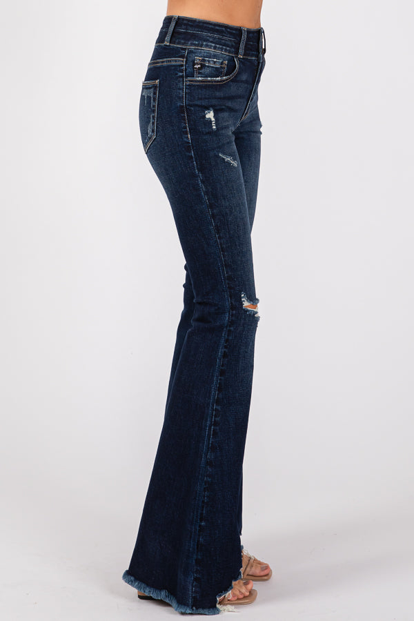 Women&#39;s Mid-Waist Ripped FlaredJeans Wide Leg Bootcut Bell Bottom Denim Pants Trouser Lady Vintage