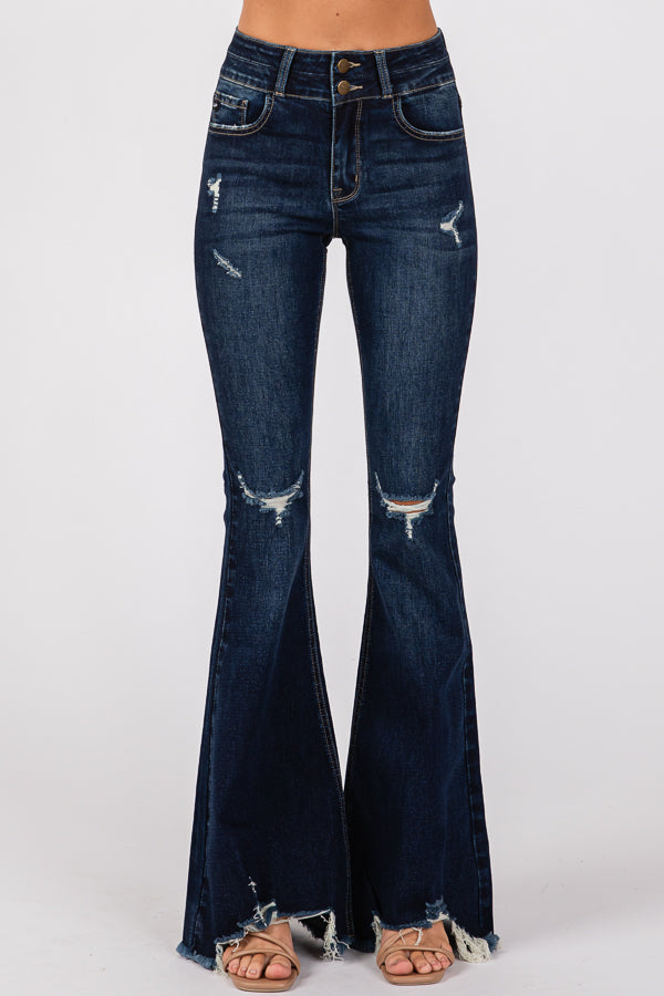 Women&#39;s Mid-Waist Ripped FlaredJeans Wide Leg Bootcut Bell Bottom Denim Pants Trouser Lady Vintage