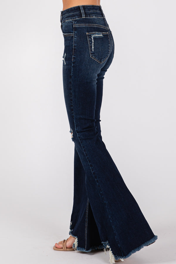 Women&#39;s Mid-Waist Ripped FlaredJeans Wide Leg Bootcut Bell Bottom Denim Pants Trouser Lady Vintage