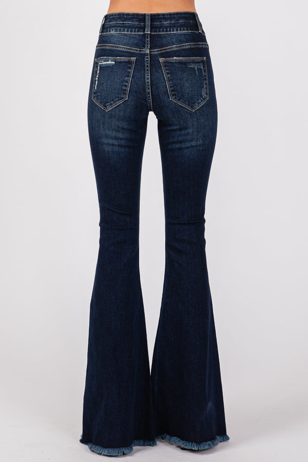 Women&#39;s Mid-Waist Ripped FlaredJeans Wide Leg Bootcut Bell Bottom Denim Pants Trouser Lady Vintage