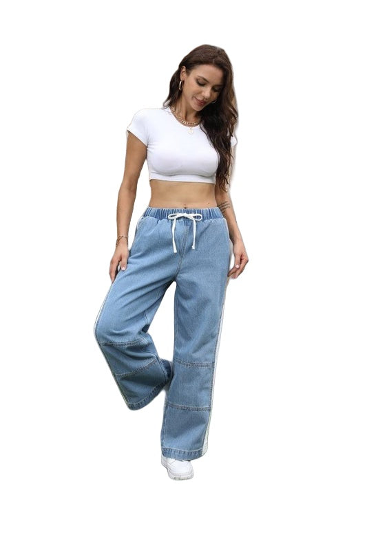 ONESO Womens Wide Leg Jeans Mid Rise Baggy Patchwork Straight Leg Jeans