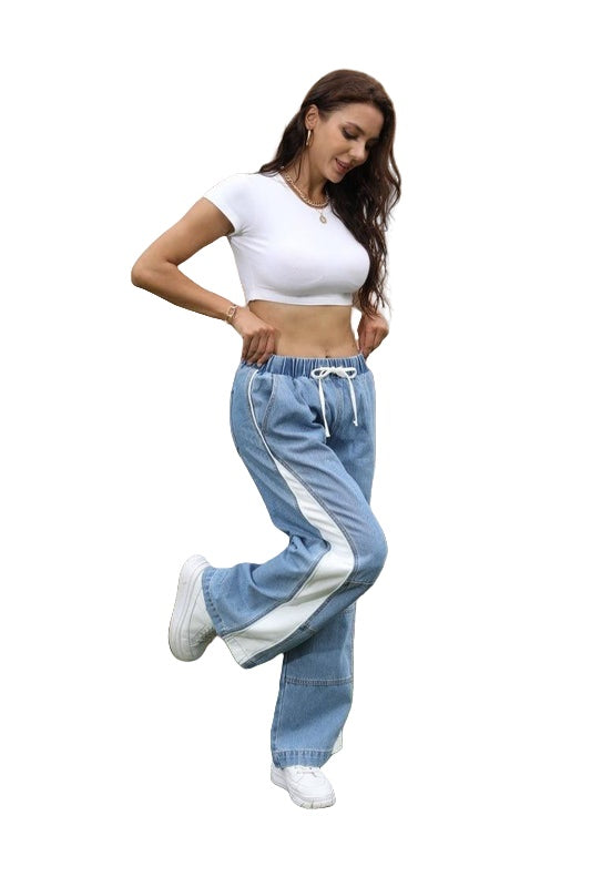 ONESO Womens Wide Leg Jeans Mid Rise Baggy Patchwork Straight Leg Jeans