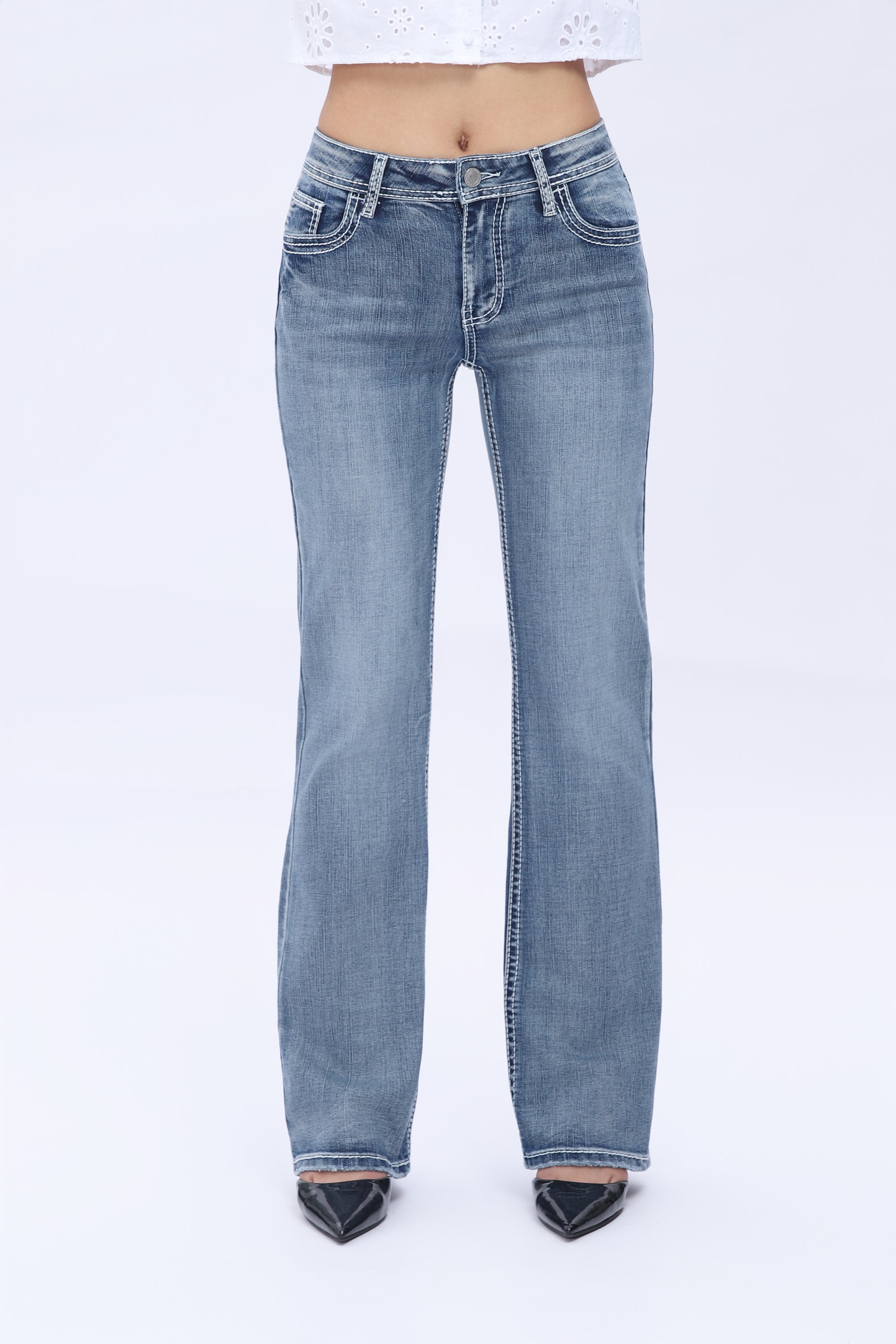 ONESO Crossella Western Straight Leg Jeans Mid Waist Stretchy Tummy Control Bootcut Denim with Cross Wings Embroidery Cowgirl Style Retro