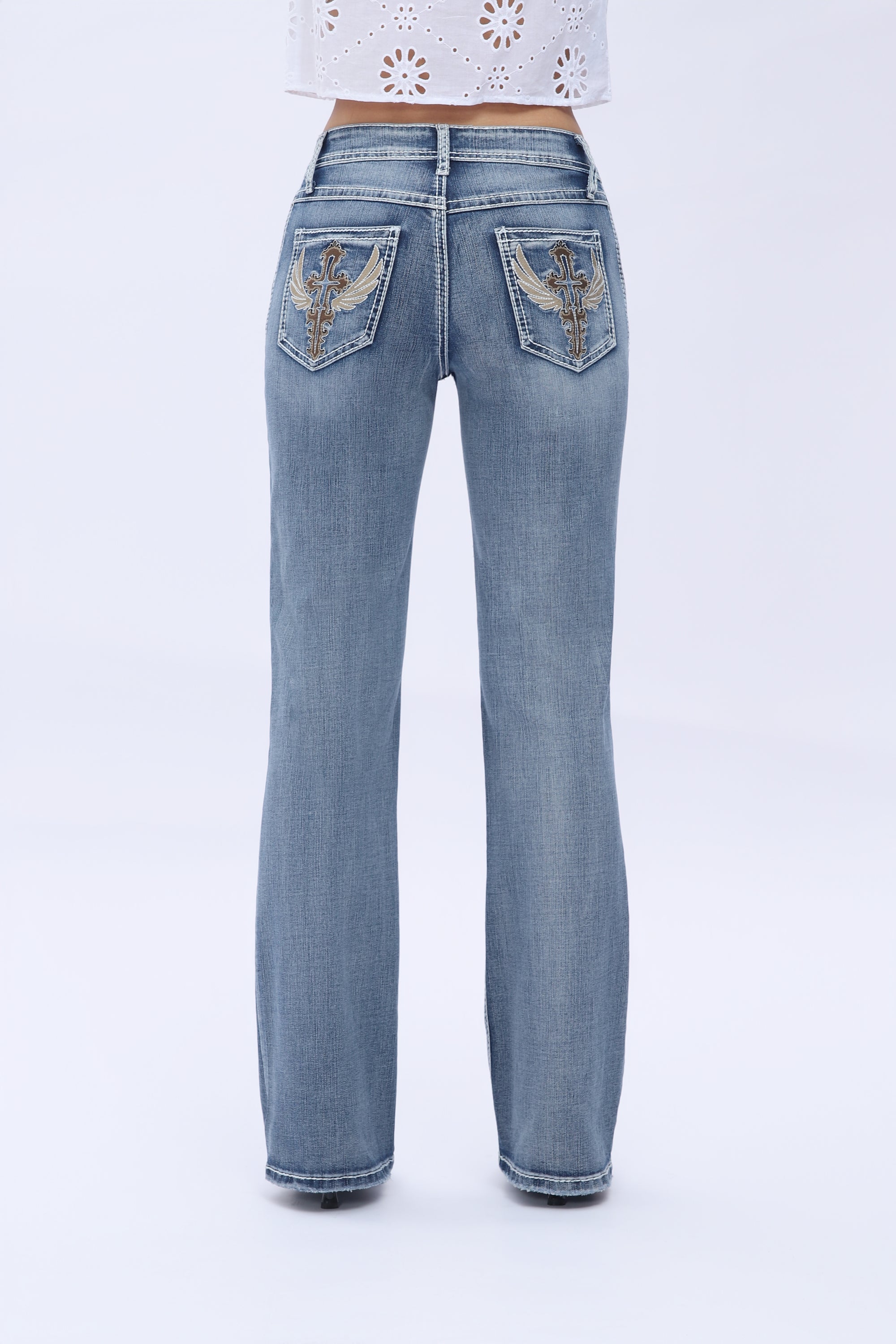 ONESO Crossella Western Straight Leg Jeans Mid Waist Stretchy Tummy Control Bootcut Denim with Cross Wings Embroidery Cowgirl Style Retro