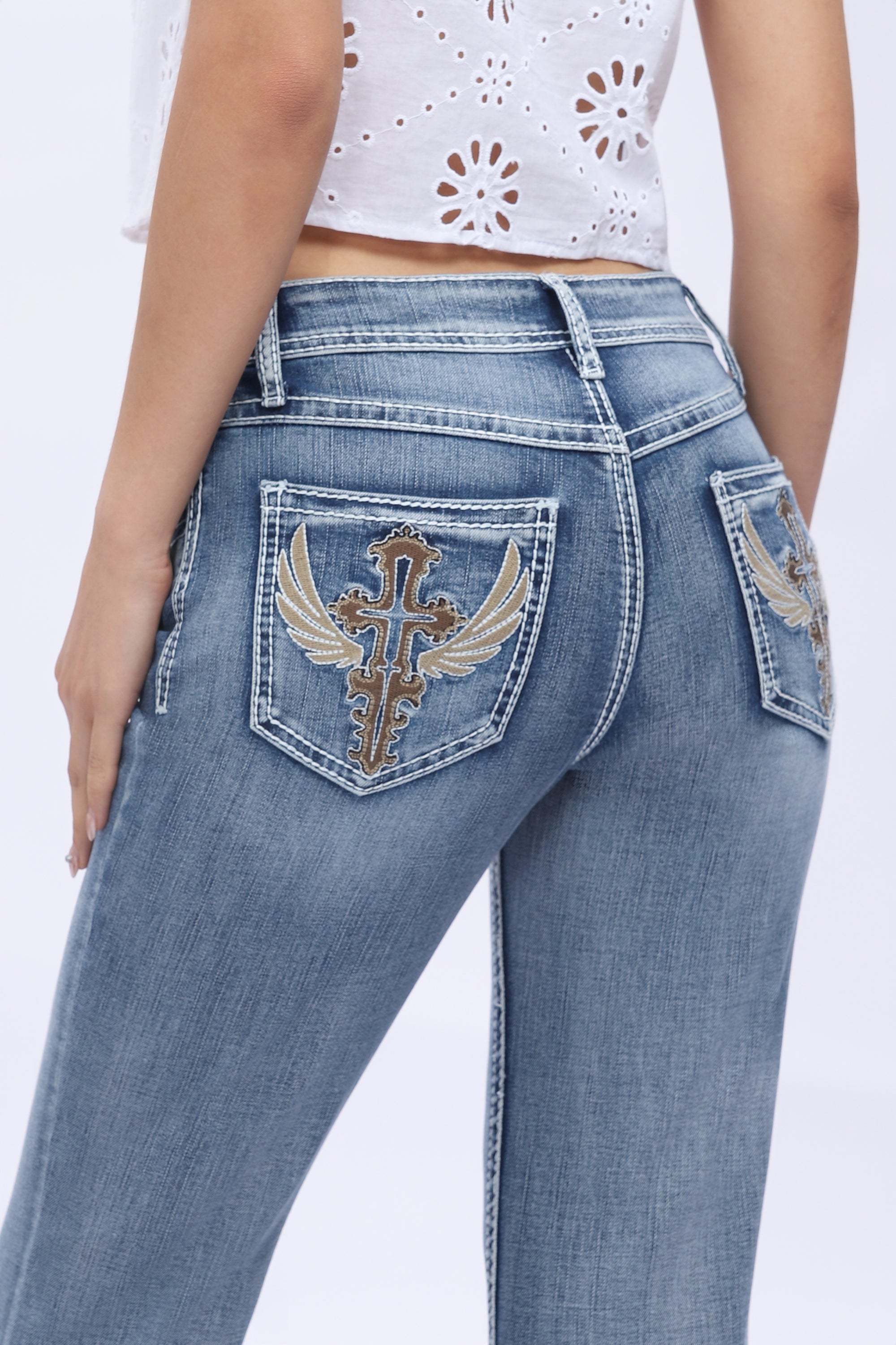 ONESO Crossella Western Straight Leg Jeans Mid Waist Stretchy Tummy Control Bootcut Denim with Cross Wings Embroidery Cowgirl Style Retro