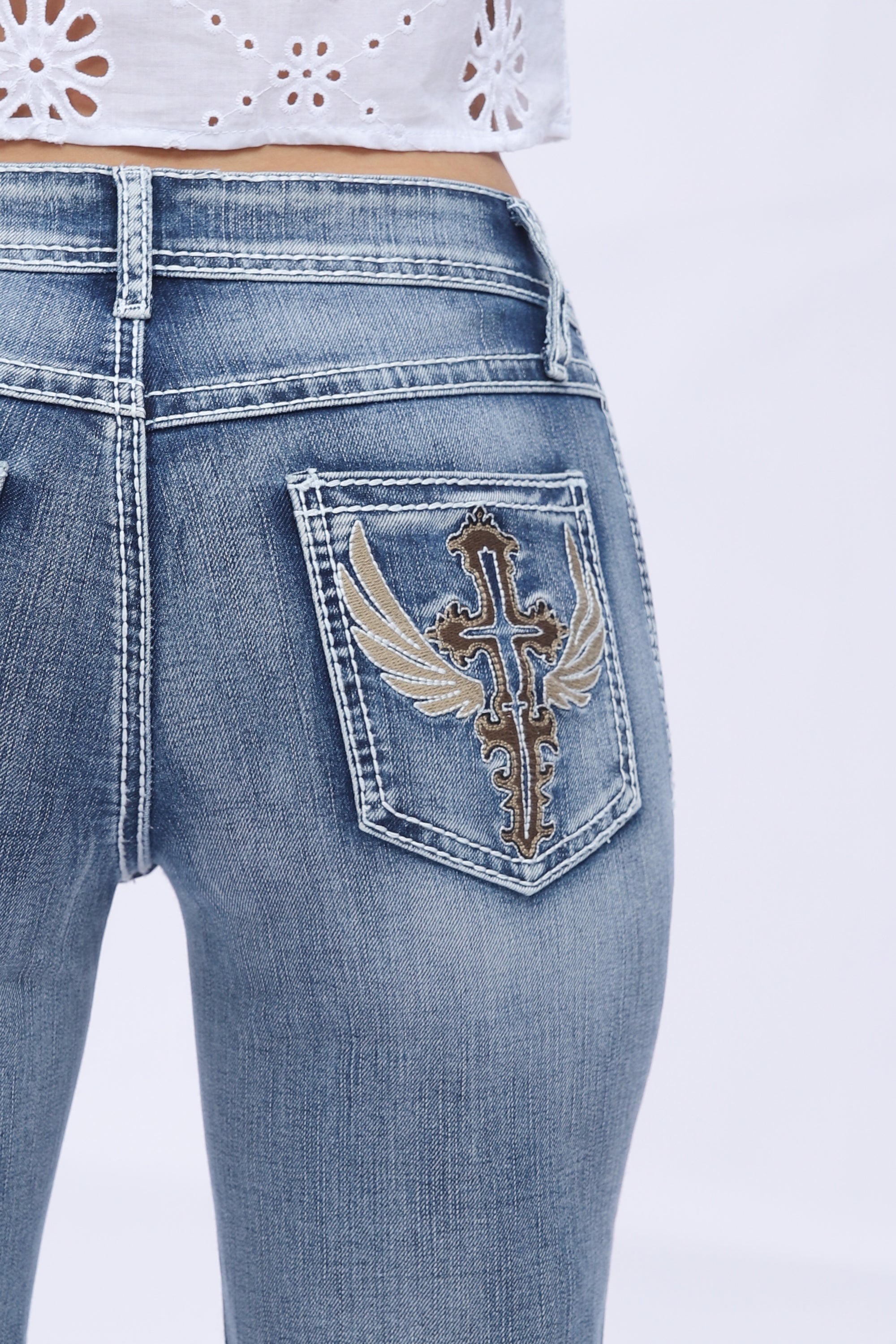 ONESO Crossella Western Straight Leg Jeans Mid Waist Stretchy Tummy Control Bootcut Denim with Cross Wings Embroidery Cowgirl Style Retro
